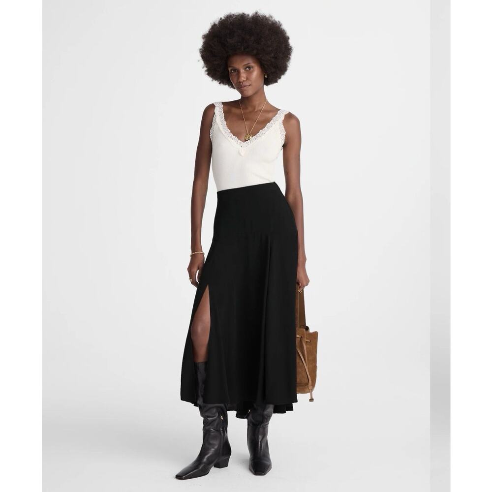 Madewell Circle Midi Skirt Crepe de Chine Jet Black Side Slit Size 14 NWT - Picture 1 of 10